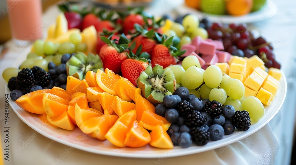 Wall mural A platter of fresh fruit with strawberries, blueberries, blackberries, kiwi, orange and grapes.