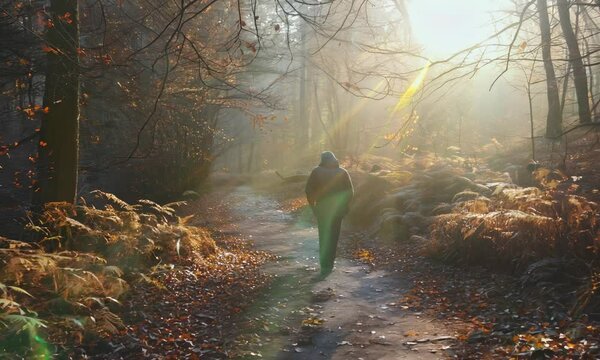 Person walking on a forest path in misty autumn morning