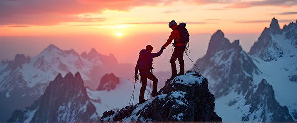 Climber Helping a Fellow Ascent with a Handshake – Teamwork and Support on the Mountain