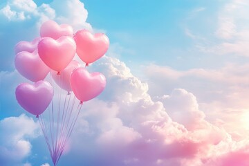 Valentine's day background with pink heart shaped balloons and clouds. Beautiful colorful valentine day heart in the clouds as abstract background with generative ai