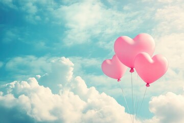 Fototapeta premium Valentine's day background with pink heart shaped balloons and clouds. Beautiful colorful valentine day heart in the clouds as abstract background with generative ai