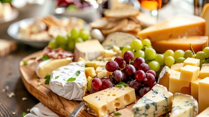 A cheese board with various cheeses, grapes, and salami.