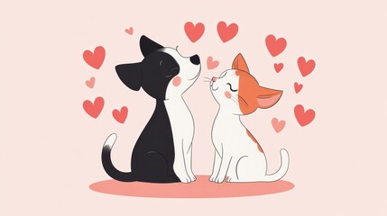 A cute illustration of a dog and cat sharing affection with hearts around them.