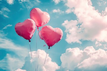 Fototapeta premium Valentine's day background with pink heart shaped balloons and clouds. Beautiful colorful valentine day heart in the clouds as abstract background with generative ai