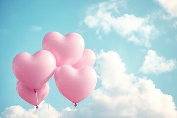 Valentine's day background with pink heart shaped balloons and clouds. Beautiful colorful valentine day heart in the clouds as abstract background with generative ai
