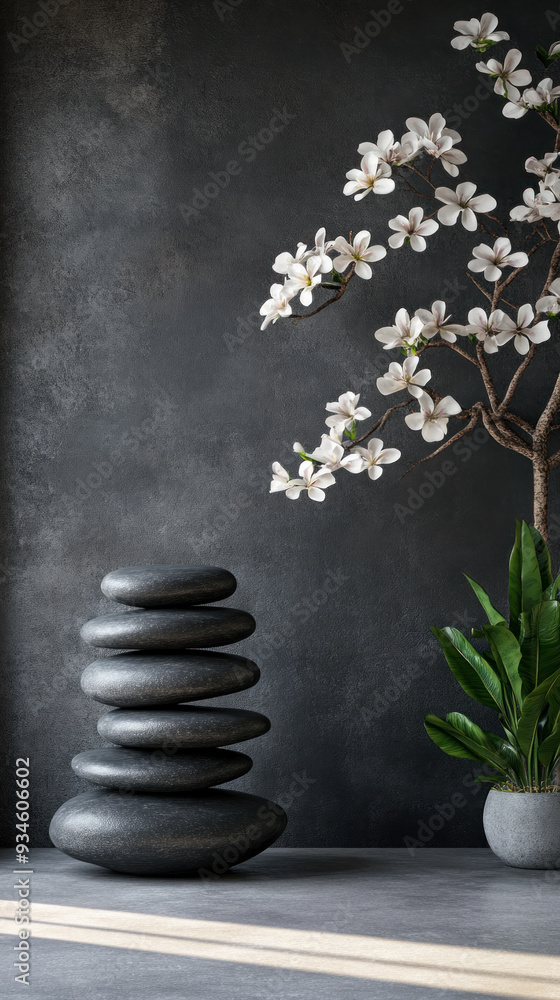 Poster a black stone sculpture with five blocks sits in front of a large tree with white flowers. the scene