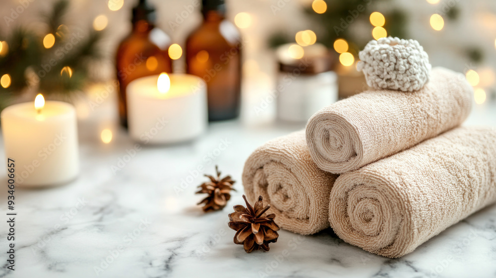 Poster a stack of towels is on a marble counter with a few pine cones and candles. the candles are lit, cre