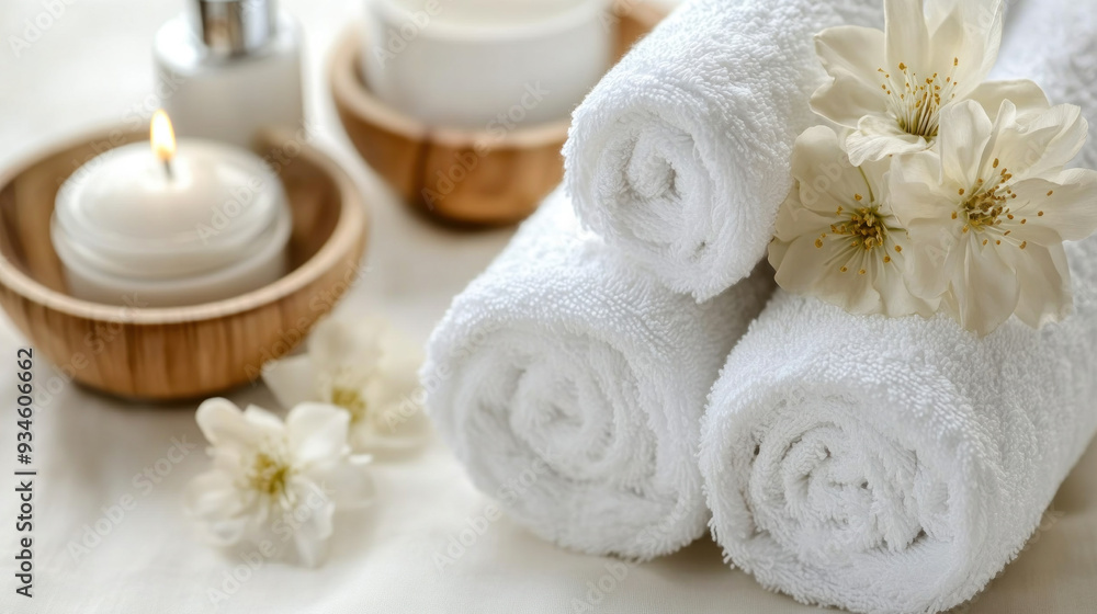Poster a set of white towels are arranged on a table with a vase of flowers and candles. the candles are li