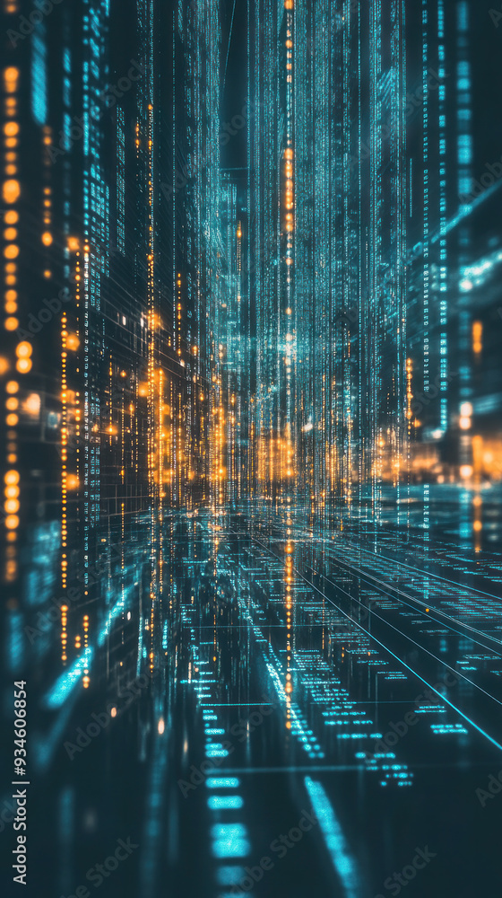 Poster a computer generated image of a cityscape with bright lights and neon colors. the image is abstract 