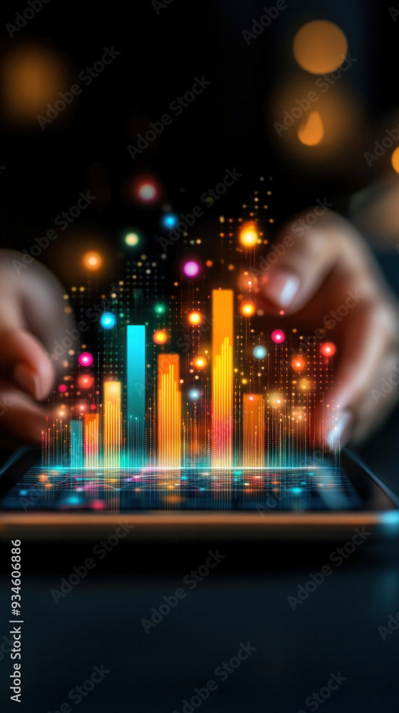 Poster a person is using a tablet to draw colorful graphs. concept of creativity and innovation, as the per