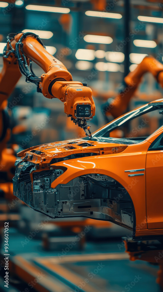 Poster a robot is working on an orange car in a factory. the robot is in the process of repairing the car's