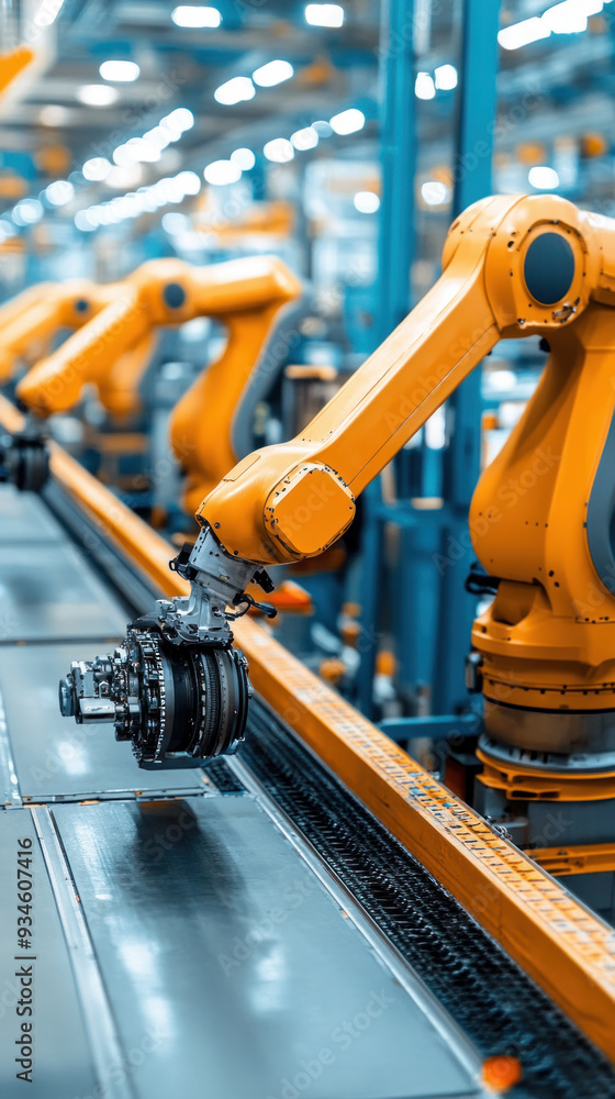 Poster a factory with robots working on a conveyor belt
