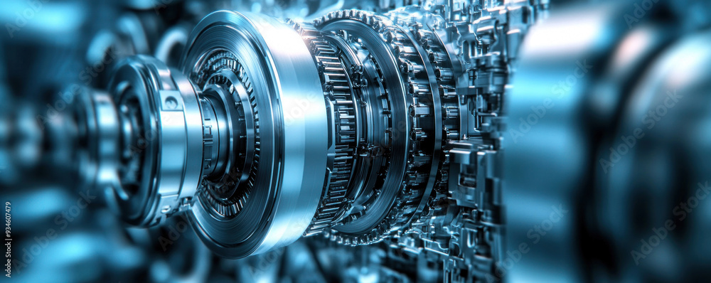 Poster a close up of a machine with many gears and a large gear in the middle. the gears are all silver and