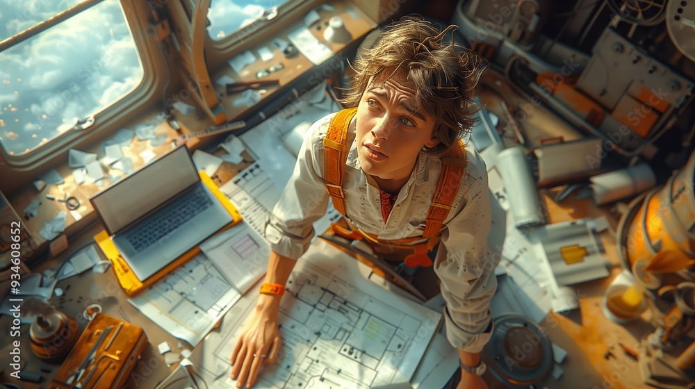 Poster young engineer analyzing blueprints while surrounded by tools in a bright workshop