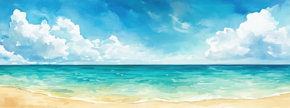 Watercolor illustration of a beach paradise featuring a cloudless turquoise sky a pristine sandy shore and crystal clear water