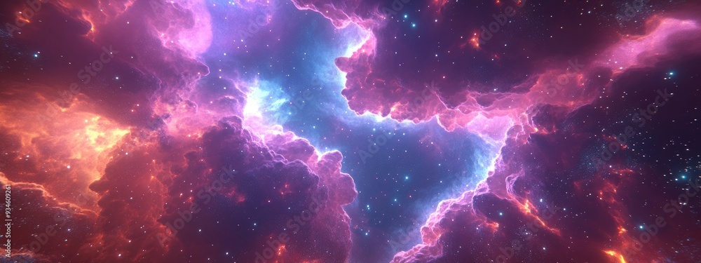 Poster space scene featuring a 3d cartoon rendering of a galaxy nebula and a panorama of stars in the unive