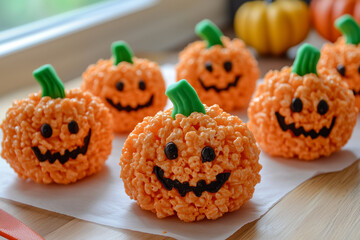 Smiling Pumpkin-Shaped Rice Krispies Treats for Halloween