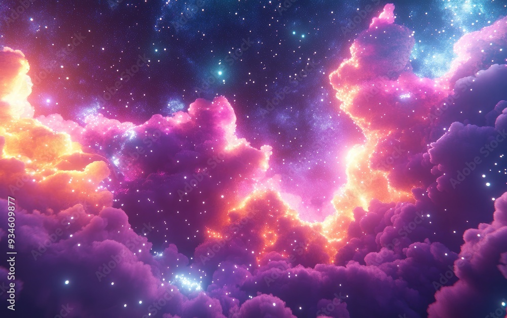 Poster space background featuring a realistic nebula and shining stars depicted in 3d cartoon rendering col