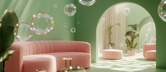 Surreal interior concept featuring a green wall pink furniture and arches enhanced by soap bubbles 3D rendering