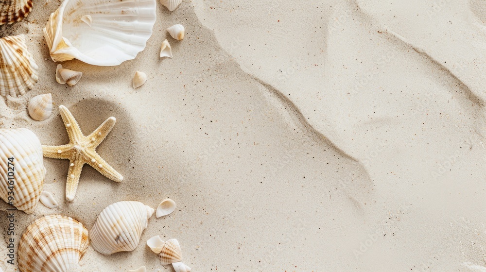 Wall mural Seashells and Starfish on White Sand