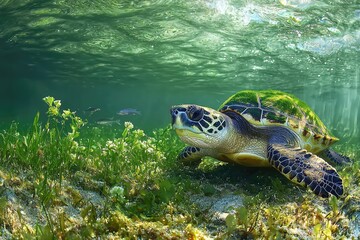 Underwater scene with sea turtle swimming among lush aquatic plants