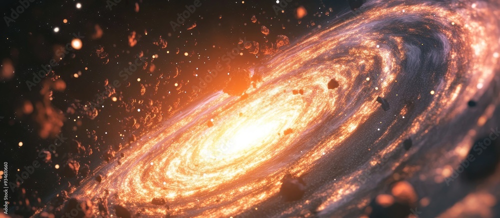 Poster view from space of a spiral galaxy and stars in a 3d cartoon rendering showcasing a universe filled 