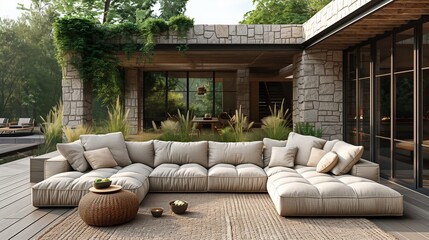 Stylish Outdoor Lounge Area Surrounded by Lush Greenery on a Bright Sunny Day