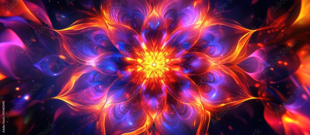 Poster vibrant 3d rendering of a neon mandala in an abstract background abstract cover design