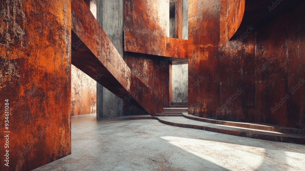 Poster smooth abstract interior featuring rusted metal sheets 3d rendering and architectural background