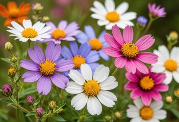 A close-up view of colorful wildflowers, showcasing the intricate details of petals and pollen with a soft-focus background