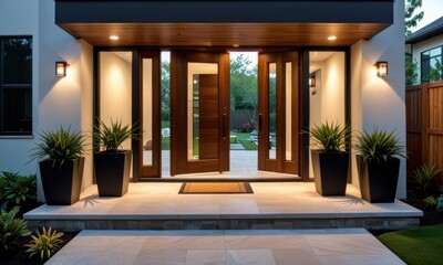 Fototapeta premium a contemporary entryway to a residence at dusk, showcasing a sleek wooden door with glass panels, complemented by tall, elegant planters on either side and ambient lighting fixtures