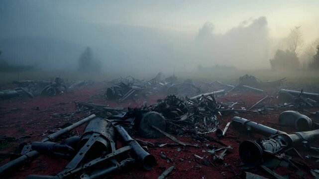 Somber Dawn on a Desolate Battlefield: Fog-Shrouded Blood-Soaked Grounds and Haunting Crows' Echoes