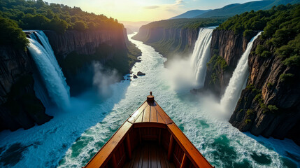 A boat is on the edge of the large waterfall that leads to misty canyon filled with cascading waterfalls, lush greenery lining the cliffs, as the sun sets, creating a magical atmosphere
