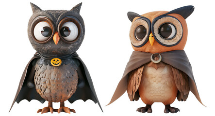 Fototapeta premium set of cute Owl wearing superhero costume. Halloween Concept. 3D cartoon animation style.