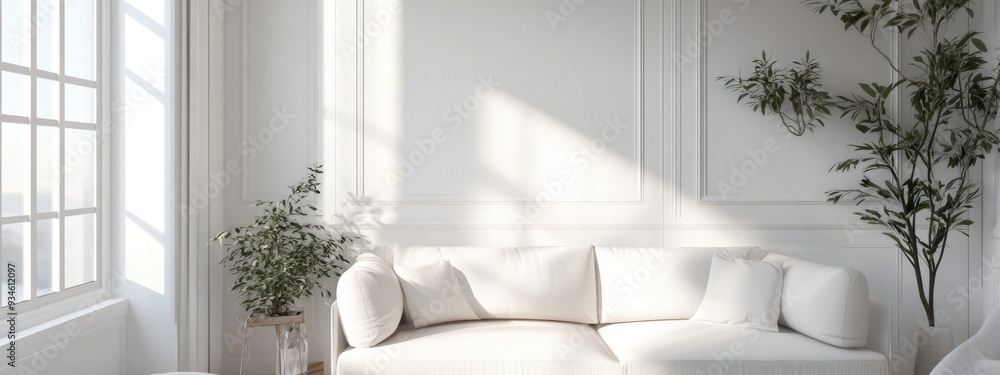 Poster stylish white room featuring a sofa and summer landscape visible through the window showcasing scand