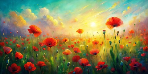 Obraz premium Impressionistic painting of a sunlit poppy field, featuring vibrant red and green colors with soft brushstrokes