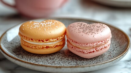 Fototapeta premium Two heart-shaped macarons, one pink and one orange, on a gray plate with a pink teacup in the background.