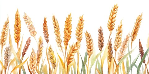 Watercolor depiction of wheat ears set against a white background Fall harvest theme