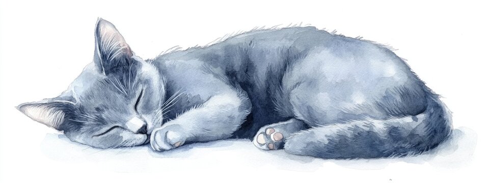 Watercolor illustration of a gray Russian Blue cat peacefully curled up on a white background