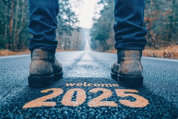 "welcome 2025" written on the asphalt road. Concept photo of the new year 2025. New year, new beginning. Standing on the road with generative ai