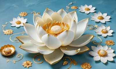 a large, central white lotus flower with gold accents on a pale blue background, accompanied by smaller flowers and swirling golden embellishments.