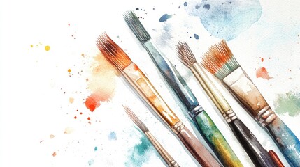 Obraz premium Watercolor illustration featuring vintage paintbrushes on a white backdrop