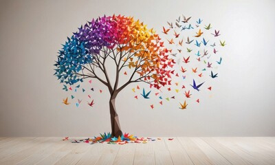 a lone tree with foliage morphing into an array of colorful paper cranes soaring away, against a minimalist backdrop, to evoke feelings of peace and release.