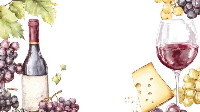 Watercolor frame featuring red wine and cheese Hand drawn background showcasing food elements including a bottle and glass of white wine red grapes and cheese Suitable for wine lists labels banner