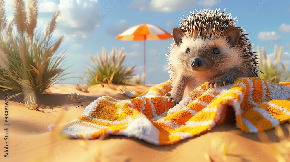 Wall mural A cute hedgehog is relaxing on a beach towel in the sand, under a beach umbrella, on a sunny day.