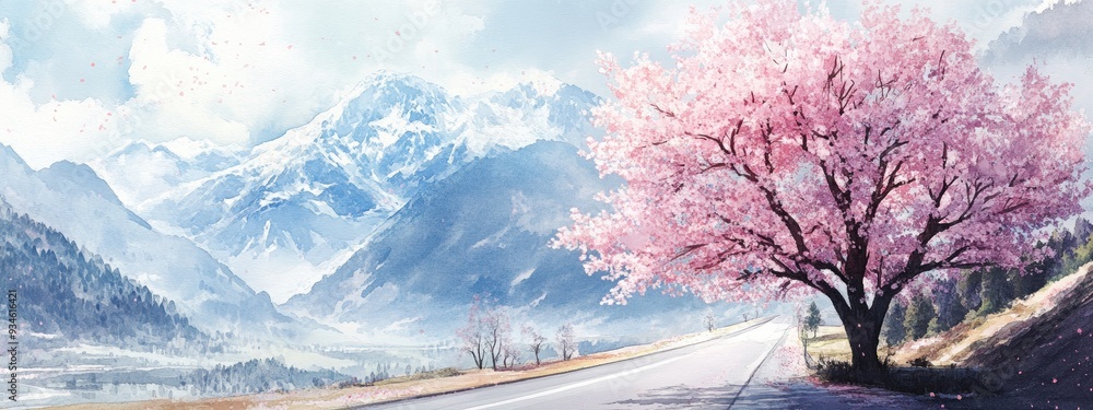 Wall mural Watercolor illustration of a cherry blossom tree alongside a road with a mountain backdrop