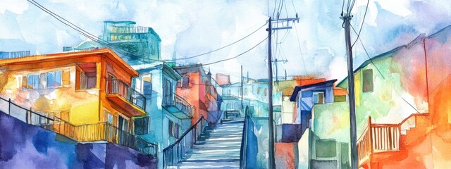 Watercolor illustration featuring a historic cityscape with a staircase colorful houses and electric poles