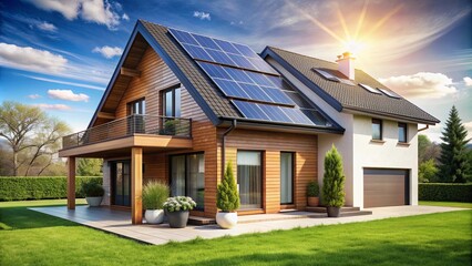 Obraz premium Sustainable modern house with solar panels and heat pump, featuring green technology and energy efficiency