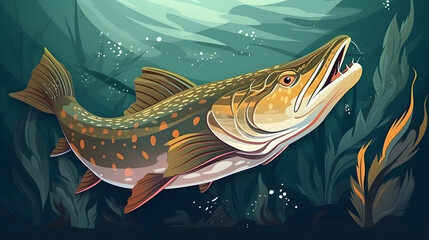 Pike Under at sea Illustration Vector