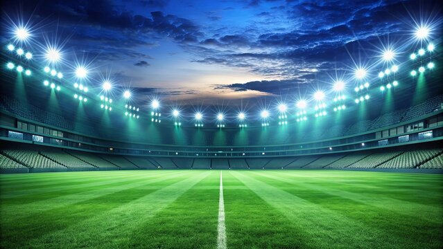 Empty sports stadium with bright floodlights shining on lush green field, perfect for advertising
